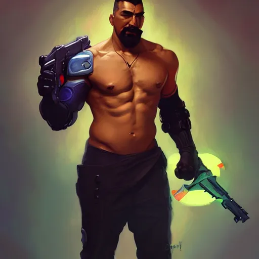 Prompt: Gabriel Reyes Reaper by Stanley Artgerm Lau, greg rutkowski, thomas kindkade, alphonse mucha, loish, Norman Rockwell, Overwatch, upper body, muscular, Latino man, buzzcut, concept art, game art, digital painting, digital art, portrait