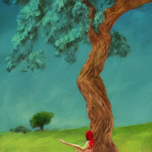 Image similar to illustration of a woman dancing near an old strong tall green persian cypress tree in wind, digital painting, artist farshchian