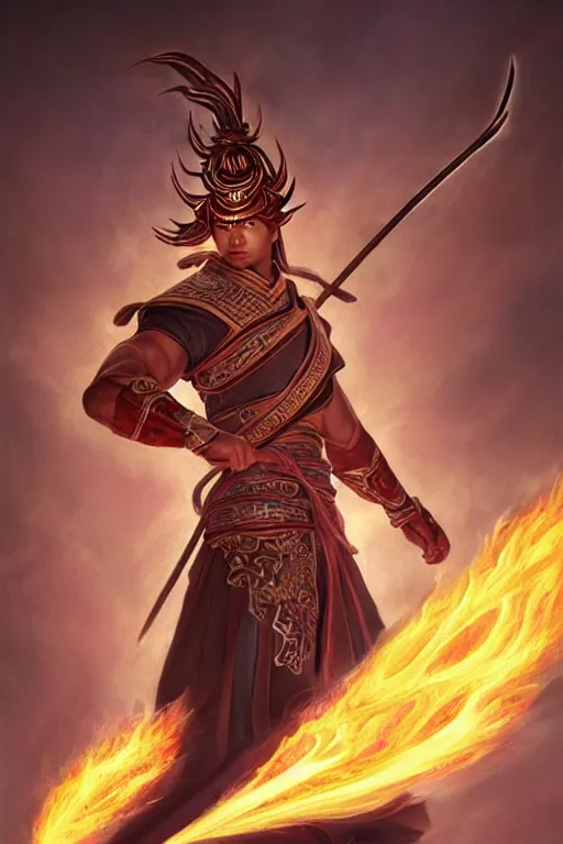 Image similar to handsome nezha, highly detailed, man holding spear, flame everywhere, epic pose, masterpiece chinese fantasy character portrait, highly detailed, digital painting, trending on artstation, concept art, sharp focus, illustration, global illumination, ray tracing, realistic shaded, art by artgerm and greg rutkowski and fuji choko and viktoria gavrilenko and hoang lap