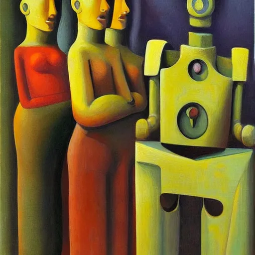 Prompt: robots prostrate jum ah, grant wood, pj crook, edward hopper, oil on canvas