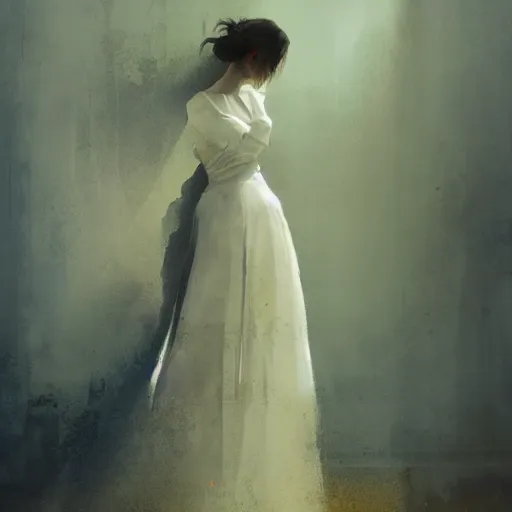 Image similar to A woman in a wedding dress in a dilapidated room, long shadow, dark room, vintage shading, warm colors, by Greg Rutkowski, artstation