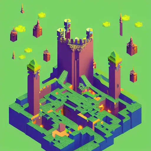 Image similar to a stunning minimalist isometric view of a fantasy castle deep within a vast cave, spiralling waterfalls and beautiful plants, intricate details, voxel art in the style of monument valley