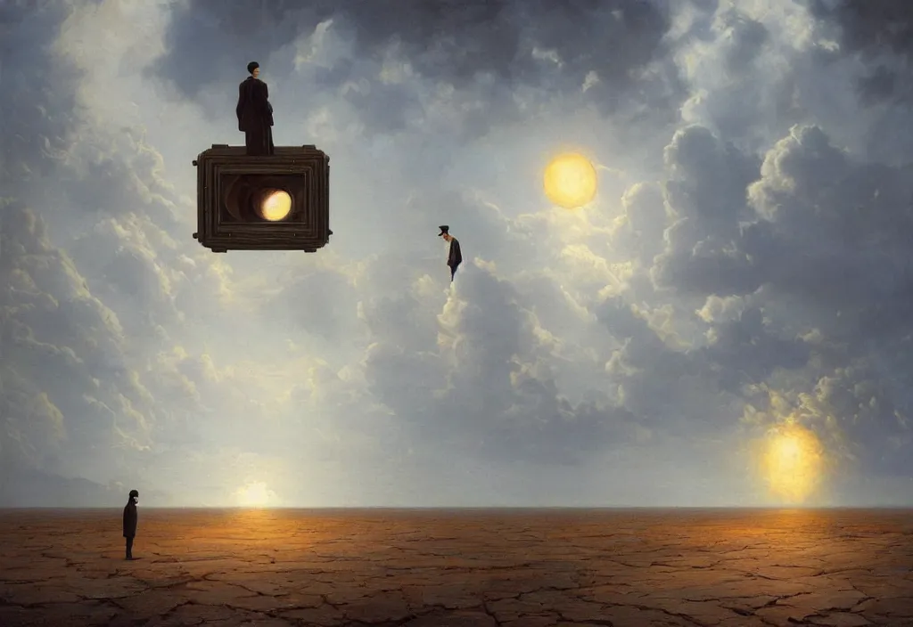 Image similar to thoughts of infinity, art by james gurney and greg rutkowski, surrealism by salvador dali, very detailed, high resolution, inspired by rene magritte, volumetric lighting