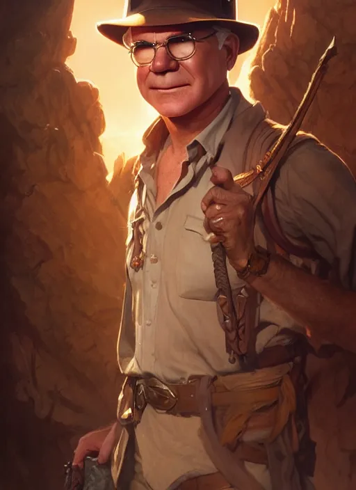 Prompt: steve martin as indiana jones, d & d, fantasy, intricate, elegant, highly detailed, digital painting, artstation, concept art, matte, sharp focus, illustration, hearthstone, art by artgerm and greg rutkowski and alphonse mucha