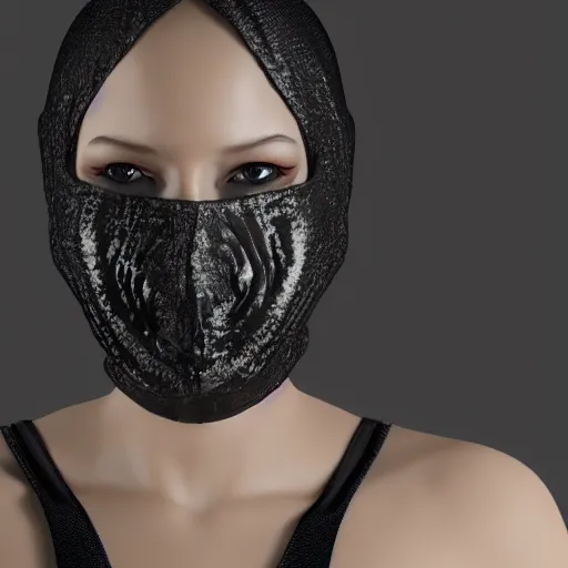 Image similar to 3 d fluid simulation render, octane render, xparticles, black color, female face in latex balaclava and mask,