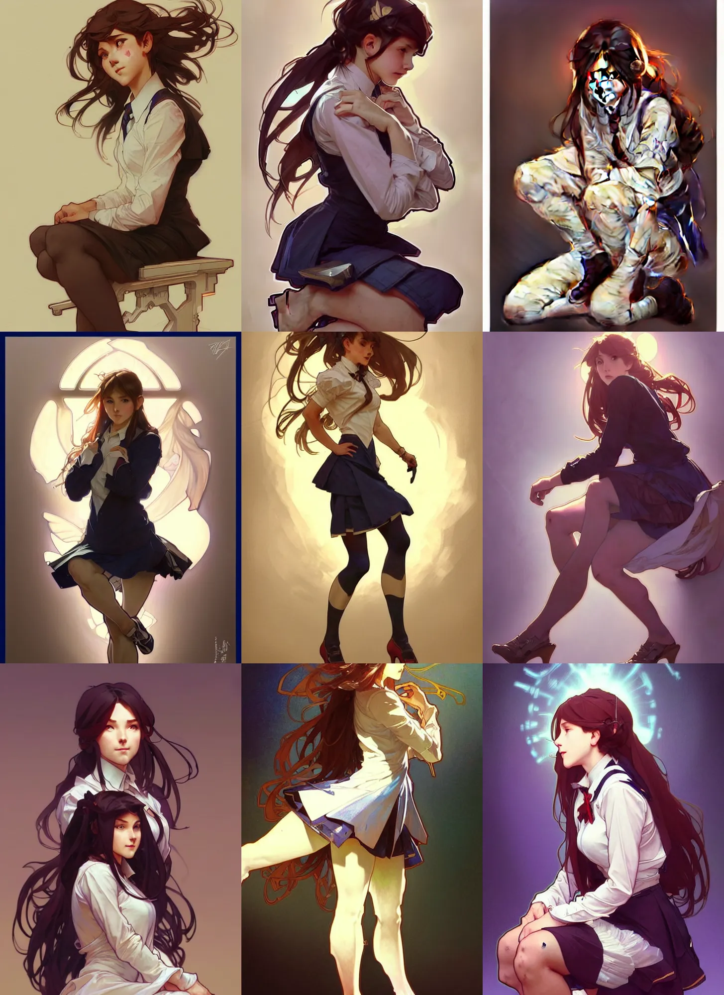 Prompt: a digital concept art by artgerm and greg rutkowski and alphonse mucha. clear portrait of a squatting attractive school girl in uniform!! sit on heels!! light effect. hyper detailed, character concept, glowing lights!! intricate, elegant, digital painting, artstation, smooth, sharp focus