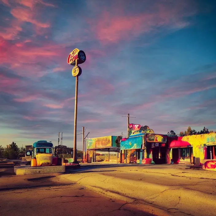 Image similar to a sunset light landscape with historical route 6 6, lots of sparkling details and sun ray ’ s, blinding backlight, smoke, volumetric lighting, colorful, octane, 3 5 mm, abandoned gas station, old rusty pickup - truck, beautiful epic colored reflections, very colorful heavenly, softlight