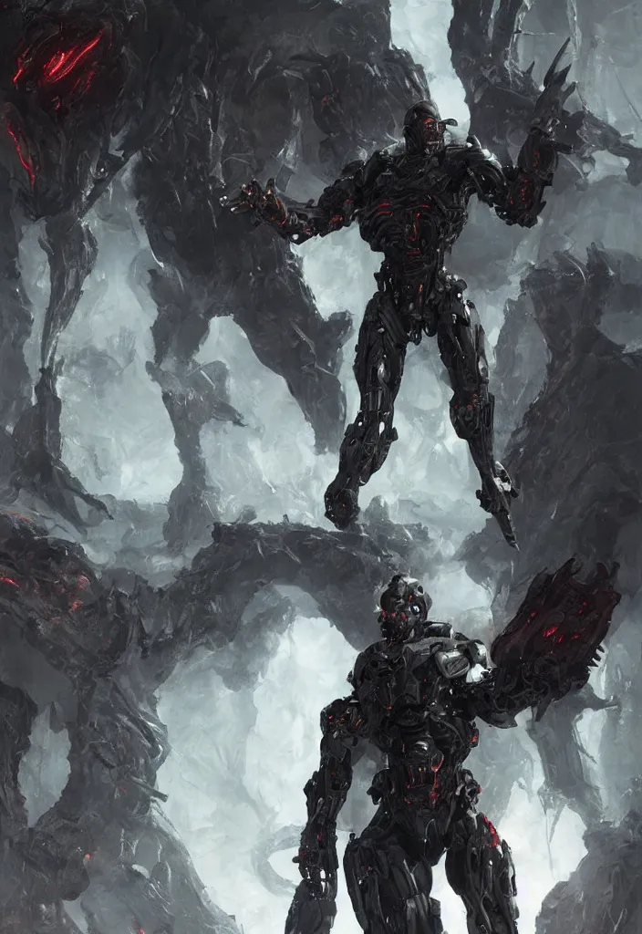 Image similar to willem dafoe as victor stone, full body concept, cyborg, borg, strogg, face of a man, terminator, flesh, quake strogg, doom demon, wolfenstein, monstrous, symmetry, symmetrical, concept art by ruan jia and greg rutkowski