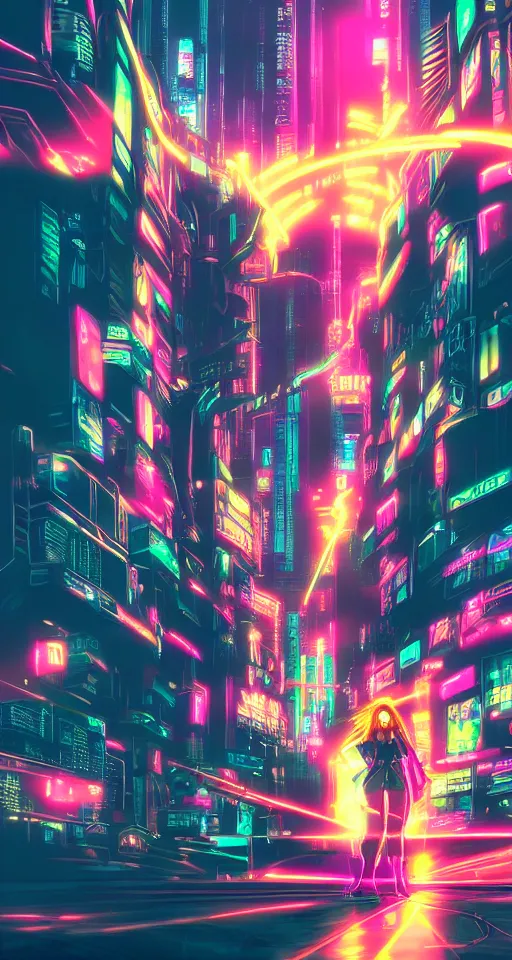 Image similar to anime, cyberpunk women, city, neon lights, glow, retrowave style, sunset,