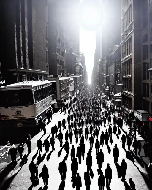 Image similar to photo of new york street with all people have hollow eyes and crazy grin on face