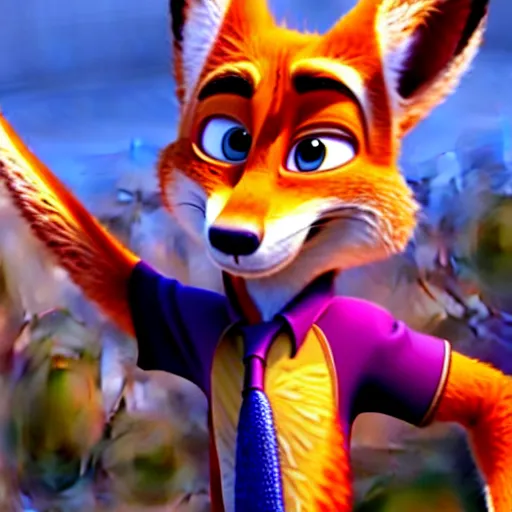 Image similar to Nick Wilde (from Zootopia) wearing a purple uniform