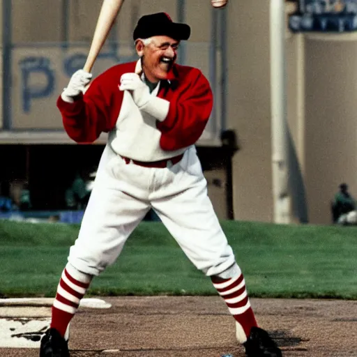 Prompt: jolly old saint nicholas playing baseball at dodger stadium, espn photo