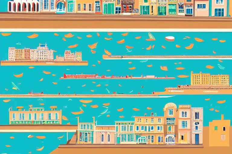 Prompt: highly detailed vector art of a cityscape of a town next to the sea by Wes Anderson, hyperrealistic, photorealistic, artstyle, highly detailed, sharp