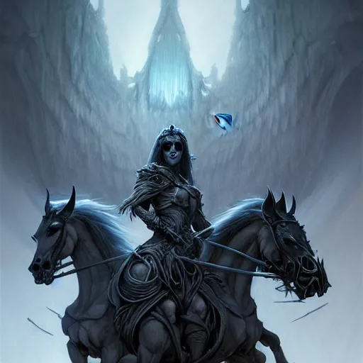 Image similar to concept art by artgerm, death of the four horsemen of the apocalypse, soft grey and blue natural light, intricate, queen of death riding, highly detailed dark art, digital painting, artstation, concept art, smooth, sharp focus, illustration, art by greg rutkowski and luis rollo and uang guangjian and gil elvgren, symmetry!