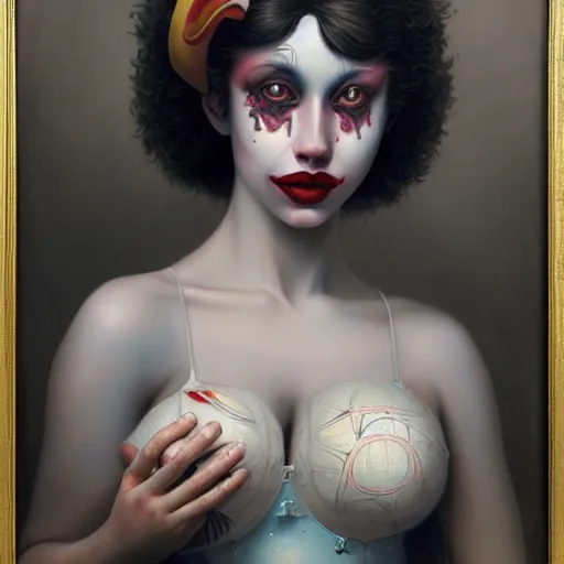 Image similar to artstyle by Tom Bagshaw, ultra realist soft painting of a carnival of curiosities, single beautiful female clown with a top cloth and hotpants, symmetry accurate features, very intricate details, focus, curvy, award winning