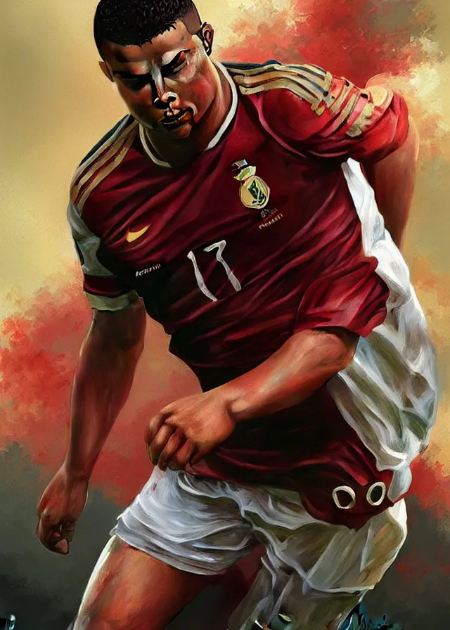 Image similar to ronaldo luis nazario da lima, football player, highly detailed, digital painting, artstation, concept art, smooth, sharp focus, illustration, art by artgerm and greg rutkowski and alphonse mucha