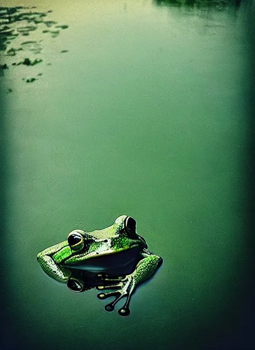 Image similar to “smiling frog vertically floating above misty lake waters in jesus christ pose, low angle, long cinematic shot by Andrei Tarkovsky, paranormal, eerie, mystical”