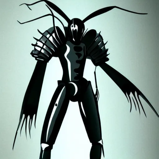 Image similar to A humanoid mosquito, reminiscent of a winged medieval knight. One punch man style.