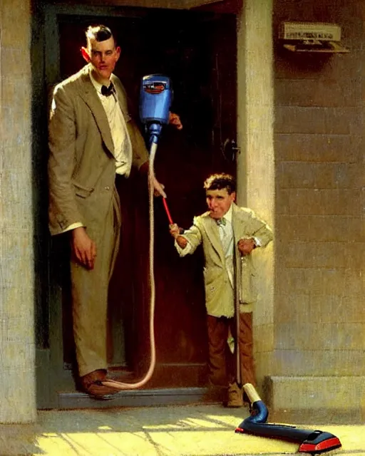 Prompt: handsome man selling vacuum cleaners door to door in a suburban neighborhood 1 9 3 2, melancholy, nostalgia, painting by gaston bussiere, craig mullins, j. c. leyendecker