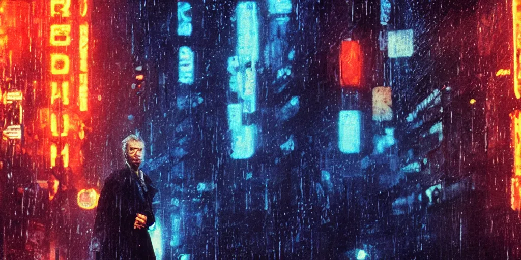 Prompt: clint eastwood, close look, in blade runner posing on a neon rainy vague street, dark blue colors