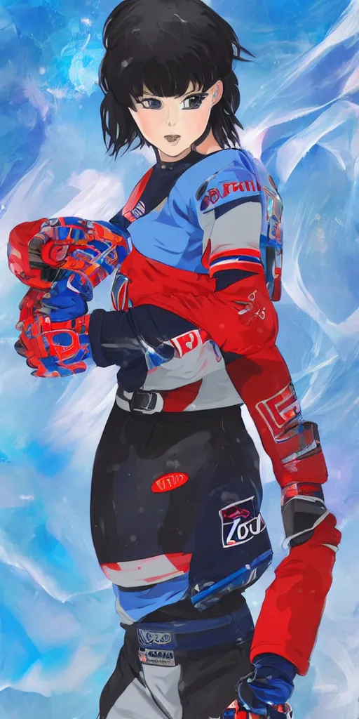 Image similar to female akira anime cyberpunk super star ice hockey player, wearing a light futuristic habs jersey, blue white and red color blocking, character concept exploration, outfit designs, trending on artstation, photorealistic, 8k