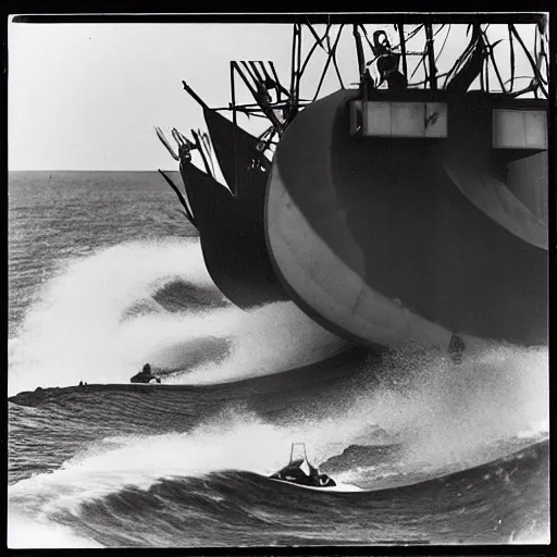 Prompt: insane by walker evans. the installation art of a huge wave about to crash down on three small boats. the boats are filled with people, & they all look terrified.