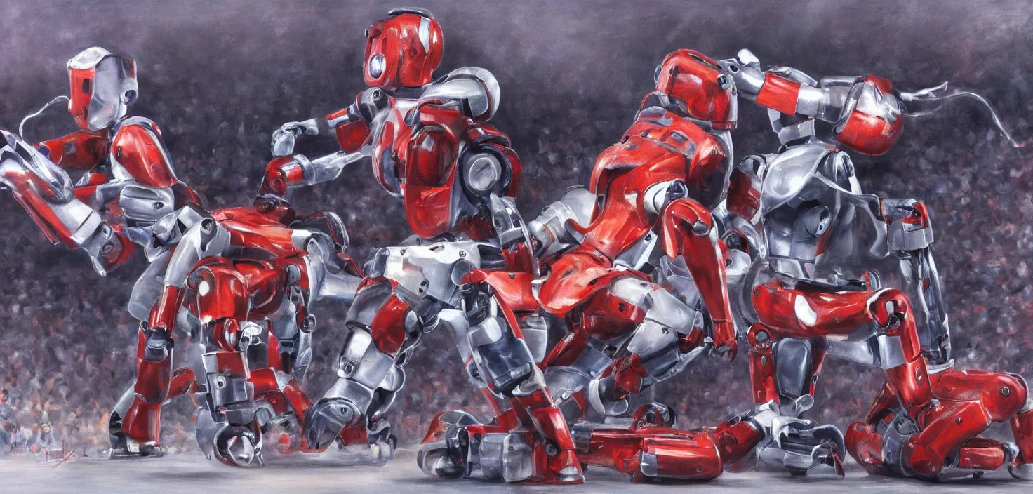 Image similar to Photorealistic painting of two robots in a wwe match