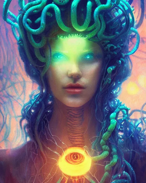 Image similar to day time, a cyberpunk close up portrait of cyborg medusa, electricity, snakes in hair, sparks, bokeh, soft focus, skin tones, warm, sky blue, daylight, by monet, paul lehr, jesper ejsing