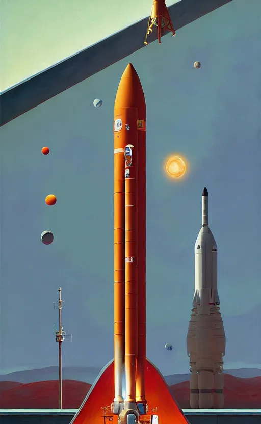 Image similar to Space rocket lunching station ,very coherent, painted by Edward Hopper, Wayne Barlowe, painted by James Gilleard, airbrush, art by JamesJean