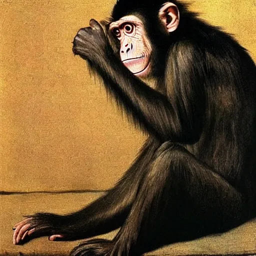 Prompt: a monkey lost deep in thought, portrait, by caravaggio