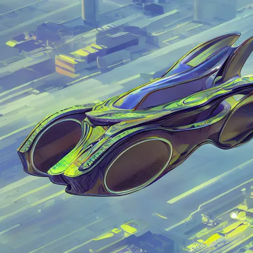 Image similar to solarpunk hovercar, clean energy, green technology, batoidea shape, airspace, sunny day, futurism, intricate, engines, autonomous, highly detailed, peaceful, utopia, bright, digital painting, advanced, artstation, concept art, smooth, sharp focus, epic landscape, art by akihiko yoshida and tim mcburnie and anato finnstark