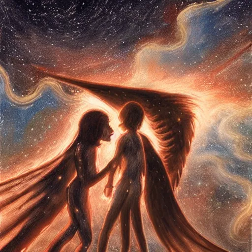 Image similar to Demon and angel waltz under the starry sky, photorealism