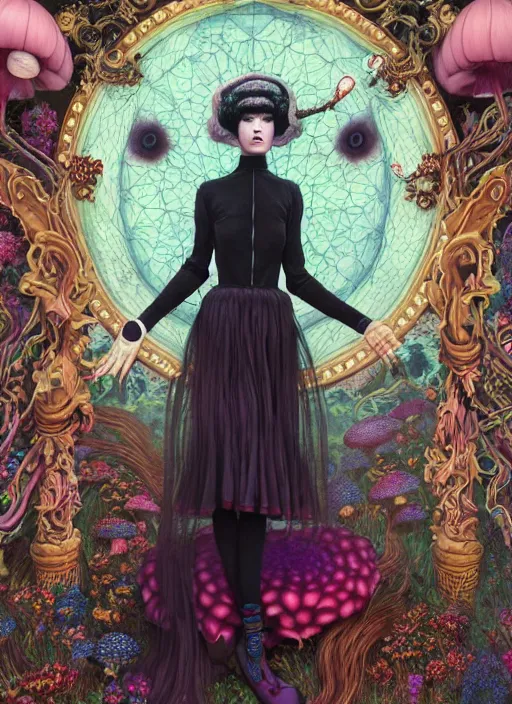 Prompt: pretty goth model with hallucination mushroom : : by martine johanna and simon stalenhag and chie yoshii and casey weldon and wlop : : ornate, dynamic, particulate, rich colors, intricate, elegant, highly detailed, vogue, harper's bazaar art, fashion magazine, smooth, sharp focus, 8 k, octane render,