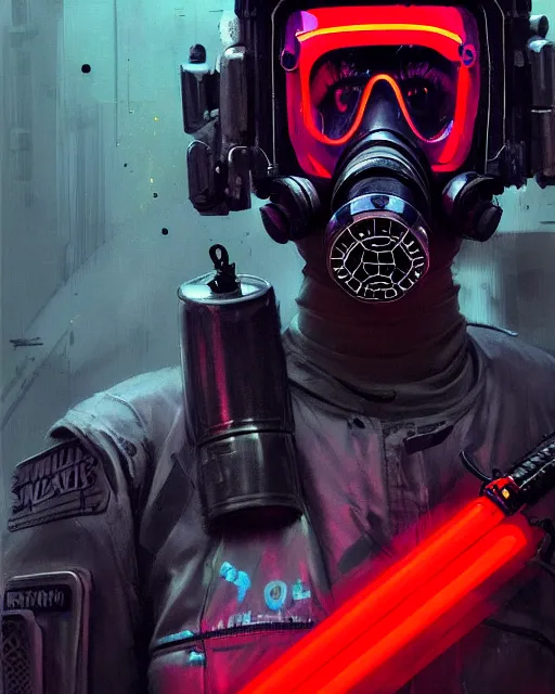 Prompt: detailed portrait neon female swat officer, cyberpunk futuristic, neon, gas mask, red lightsaber, reflective puffy coat, decorated with traditional japanese by ismail inceoglu dragan bibin hans thoma greg rutkowski alexandros pyromallis nekro rene margitte, fire & smoke, illustrated, perfect face, fine details, realistic shaded, fine - face, pretty face