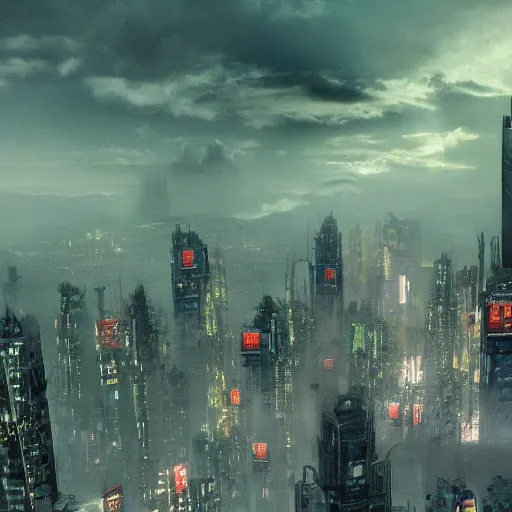 Prompt: A hyperdetailed photograph of Iron Man flying through the skies of a cyberpunk, futuristic city, night, dense fog, rain, HD, 8K resolution