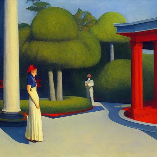 Image similar to high quality, high detail painting by edward hopper, high garden scene with quetzalcoatl, hd, muted lighting