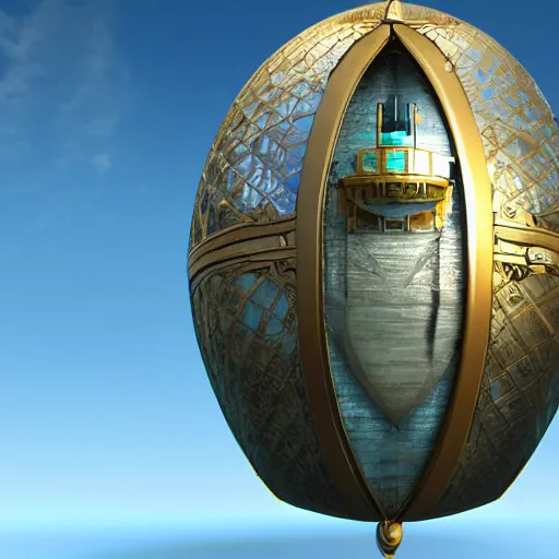 Image similar to enormous flying city in a faberge egg, sky, steampunk, fantasy art, masterpiece, unreal engine