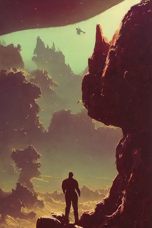 Image similar to 5 0 s pulp scifi illustration, space explorers in beautiful landscape, plain stretching into distance, pond, baobab trees, distant mountains, nebula, painted by bergey, craig mullins, john berkey, ruan jia, rodney matthews, jeremy mann, beksinski, jack kirby, tom lovell, alex malveda