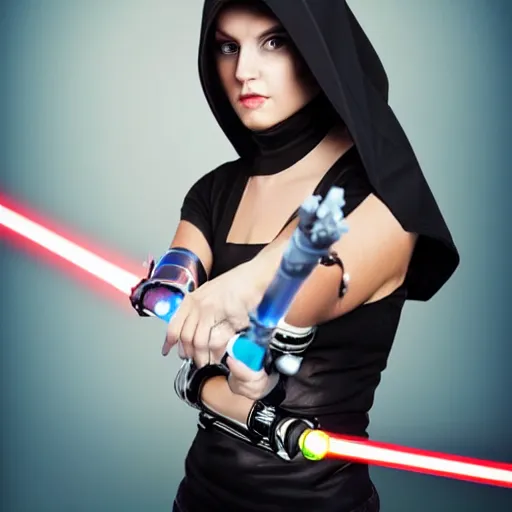 Image similar to beautiful, gorgeous woman with two lightsabers, star wars themed, realistic photo