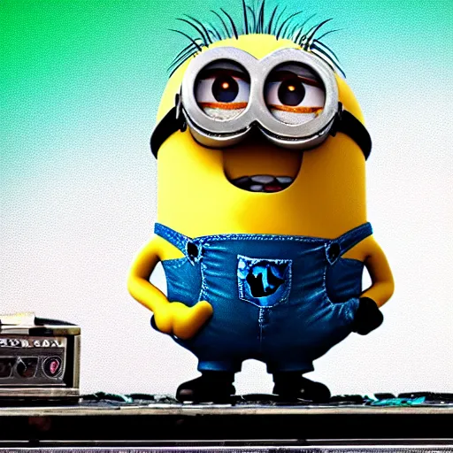 Image similar to super cute minion playing death metal on a stage, eyes closed, moody, movie still, 4k