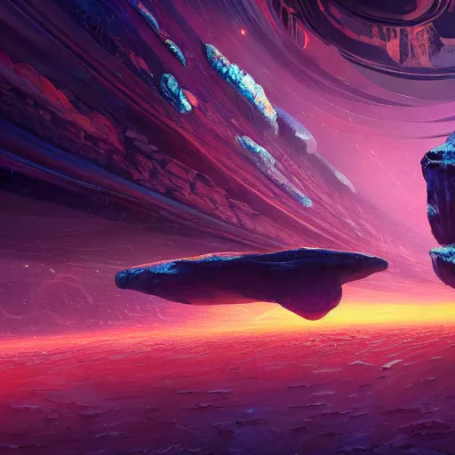 Image similar to a beautiful painting of a grand glistening city on the side of a floating asteroid - space rock in open air deep dark space, luminescent mushrooms on the surface, full subject in view, by john harris, mark rothko, rendered in unreal engine, trending on artstation, epic scale fisheye view, deviantart, cyberpunk, 4 k