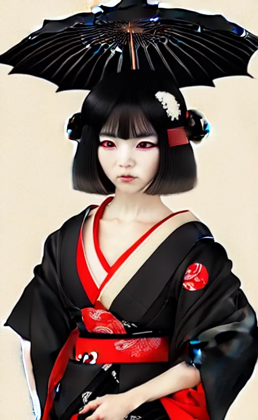 Image similar to a beautiful geisha, black kimono with red lining, anime. realistic shaded lighting by ilya kuvshinov giuseppe dangelico pino and michael garmash and rob rey, 8 k