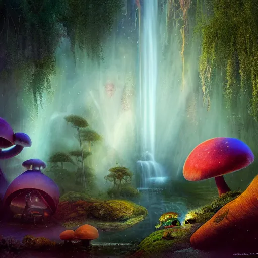 Image similar to tom bagshaw, soft painting render curiosities carnival pond river vegetation rocks gigantic mushrooms covered moss scintillating bioluminescent wisps, beautiful miniature silhouettes waterfall rainbow wildlife, accurate features, focus, very intricate ultrafine details, random volumetric lighting, fog, award winning masterpiece, octane render 8 k hd, artstation