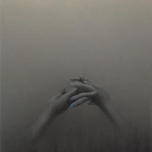 Prompt: hand and arm reaching out of thick fog, zdzislaw beksinski