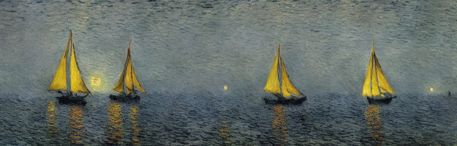 Image similar to An aesthetically pleasing, dynamic, energetic, lively, well-designed digital art of a sailboat on the ocean at night in a low mist, light and shadow, chiaroscuro, by Claude Monet and Vincent Van Gogh, superior quality, masterpiece, excellent use of negative space. 8K, superior detail.