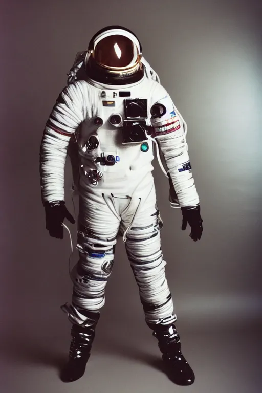 Image similar to full - length portrait of black male in a space suit, fashion studio lightning, 3 5 mm