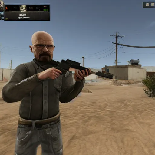 Image similar to Walter White in Counter Strike Global Offensive gameplay videogame screenshot trailer footage, de_dust 2 desert town