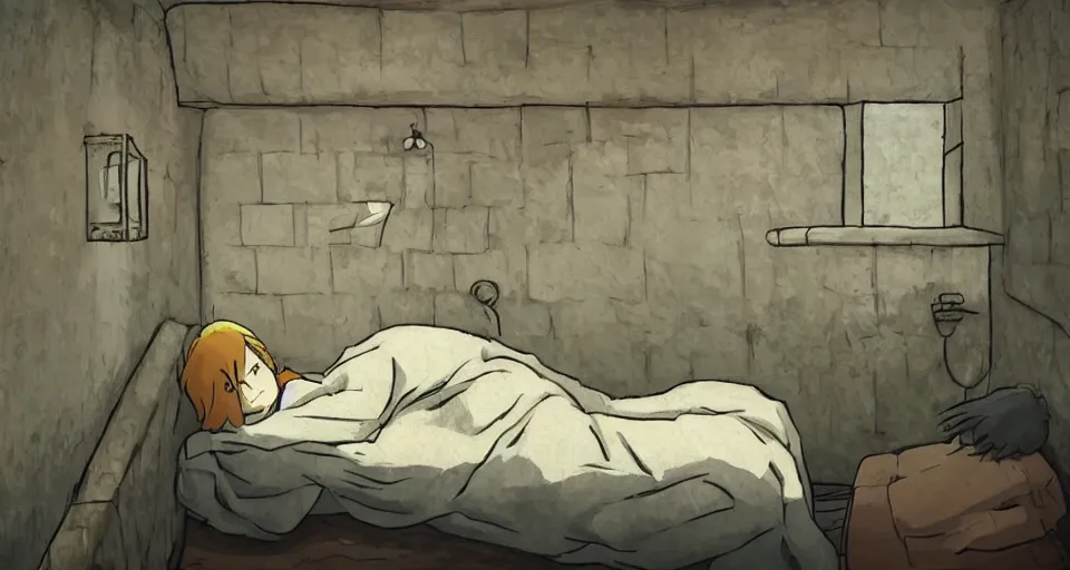 Image similar to a cozy prison cell with an overgrown human body sleeping on the bed, horror, studio Ghibli style, golden hour