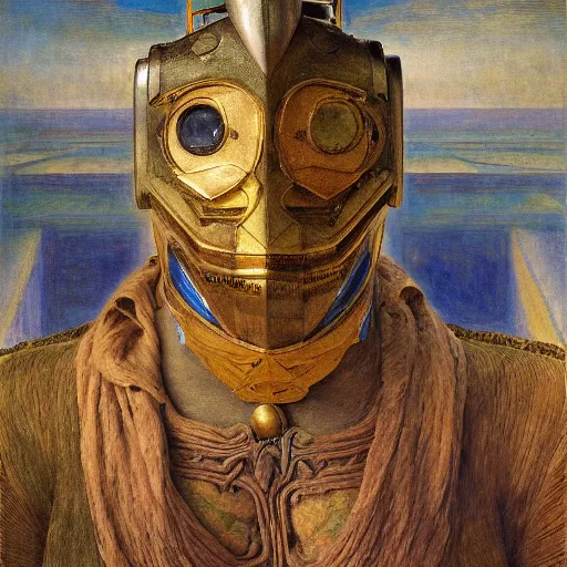 Image similar to the robot king with his bird mask, by Annie Swynnerton and Diego Rivera and Elihu Vedder, symbolist, dramatic lighting, elaborate geometric ornament, Art Brut, soft cool colors,smooth, sharp focus, extremely detailed, Adolf Wölfli and Donato Giancola