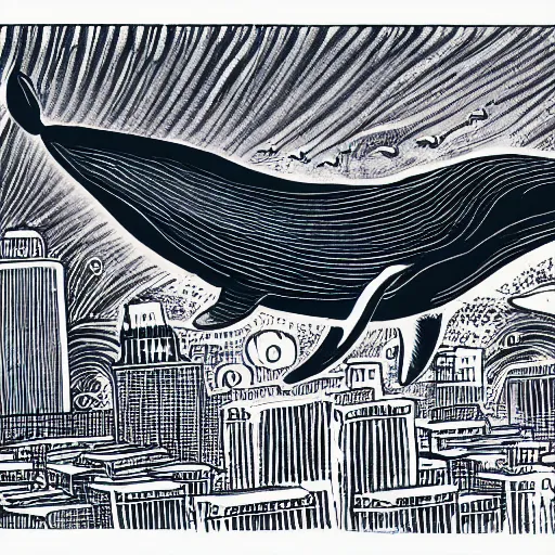 Prompt: illustration of a whale flying over a city at night